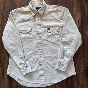 Vintage Wrangler Western Solid Khaki Beige Pearl Snap Button Cowboy Shirt Men XL